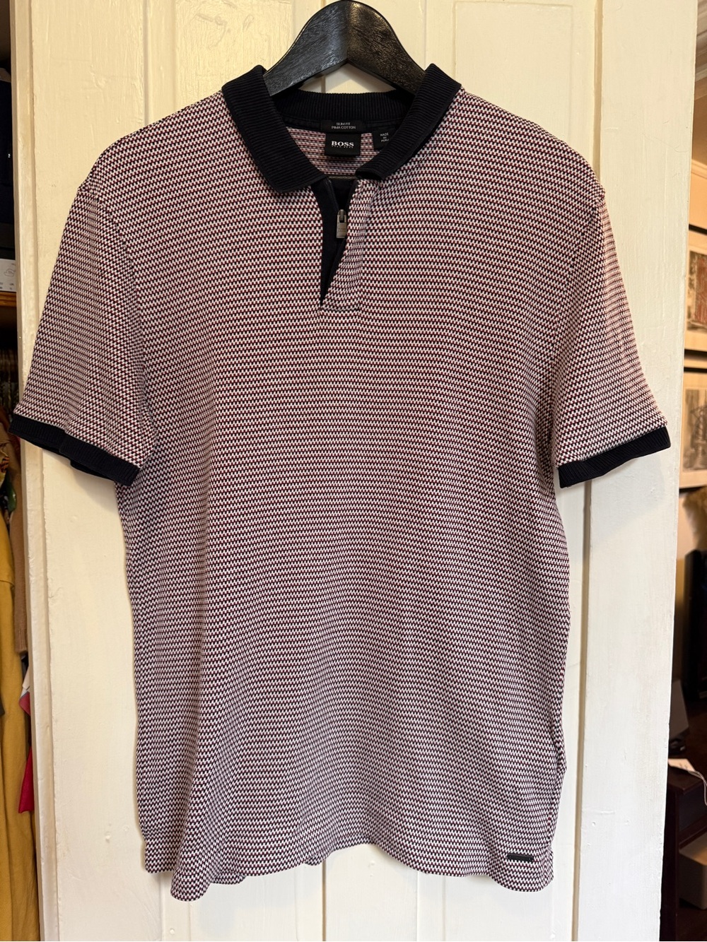 Hugo Boss Men’s Zip Polo Shirt Burgundy Houndstooth Pima Cotton Size M